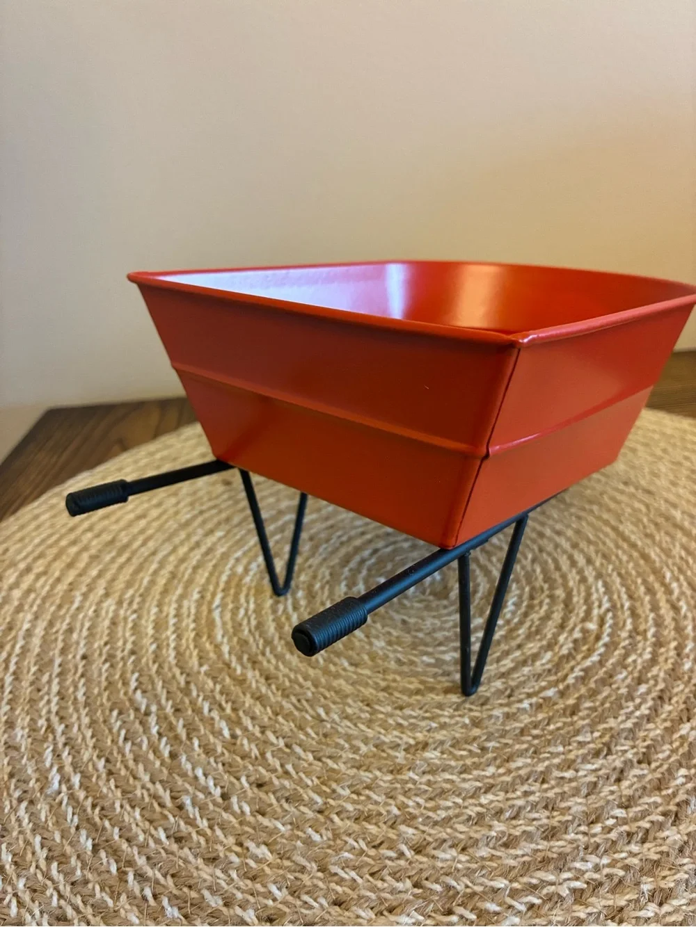 Decor Orange/Red Metal Wheelbarrow & Wooden Picket Fence Basket